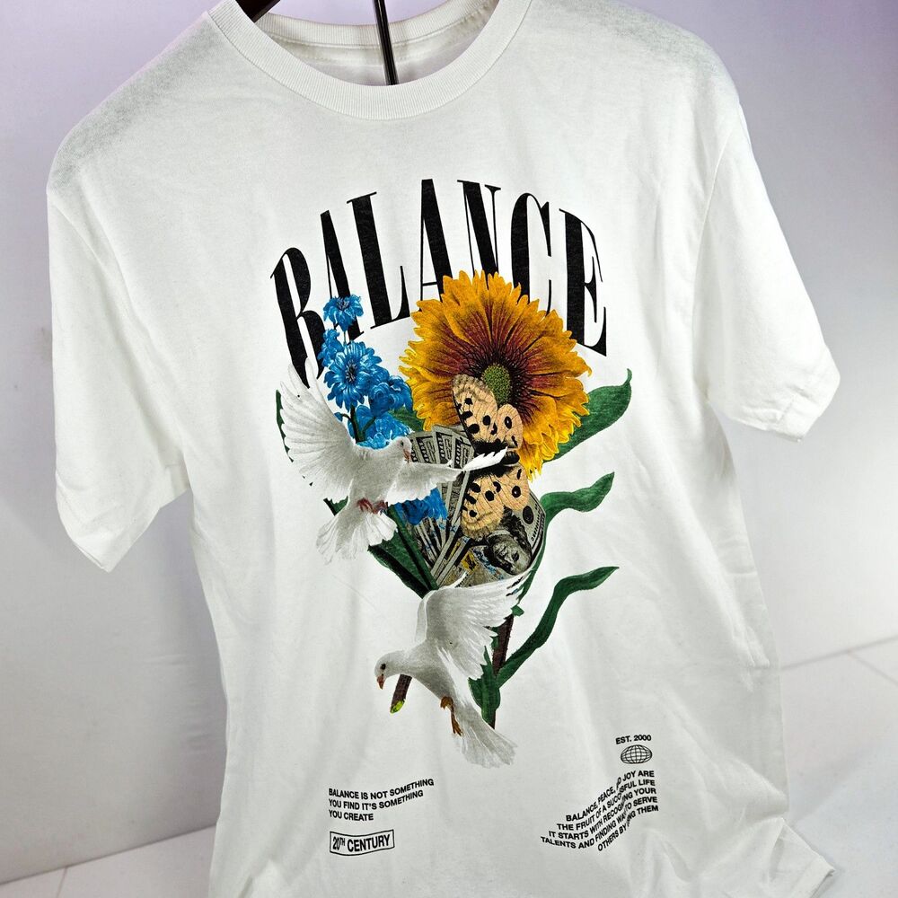 Fashion Nova Men Balance Sunflower Dove Graphic Tee White Size M New